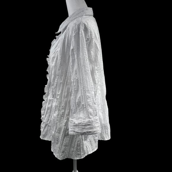 White Button-Up Ruffled Blouse Shirt Sz 2X Embroidered Textured Crinkle Office - Picture 4 of 8